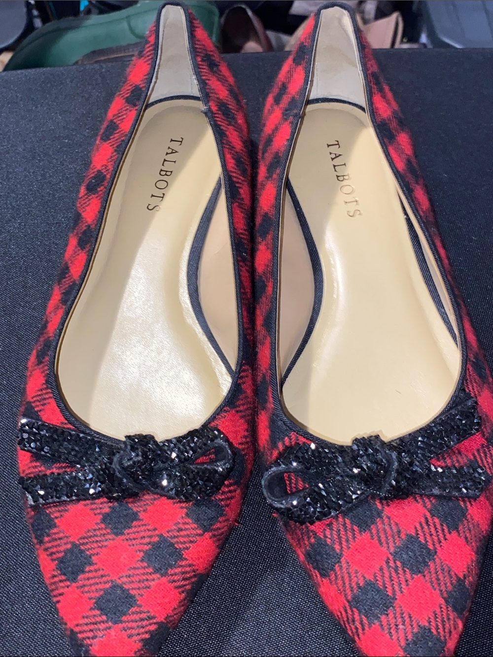 TALBOTS WO SIZE 9.5 RED NLACK PLAID FLATS SEQUIN BOW ACCENT CLEAN EXCELLENT COND